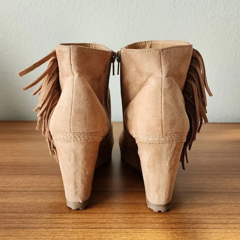 Massini Faux Suede Fringe Zip Hidden Wedge Ankle Booties - Picture 3 of 9